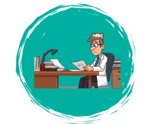 یک پزشک در حال نشستن در پشت میز و بررسی مدارک مالی است.