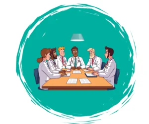 یک گروه از پزشکان در اطراف یک میز درباره قراردادها گفتگو میکنند.