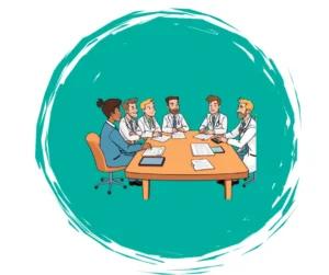 یک گروه از متخصصان درمان در حال دور هم جمع شدن و بحث درباره طرحهای بیمه هستند.